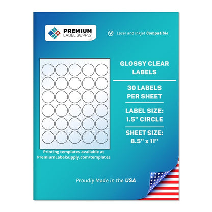 Premium Label Supply Glossy Clear Sticker Round Labels – 1.5" Circle – Laser/Inkjet Compatible – (30 per Sheet), 10 Sheets – 300 Total Adhesive Labels