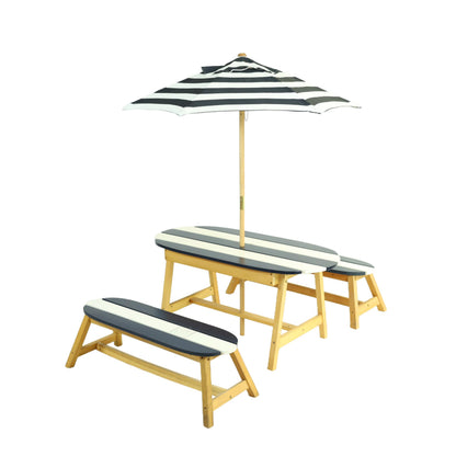Gecheer Naturally Playful Kids Picnic Table with Umbrella – Indoor/Outdoor Wooden Table Set for 4 Children, Dark Blue, Round Corner Safety Design