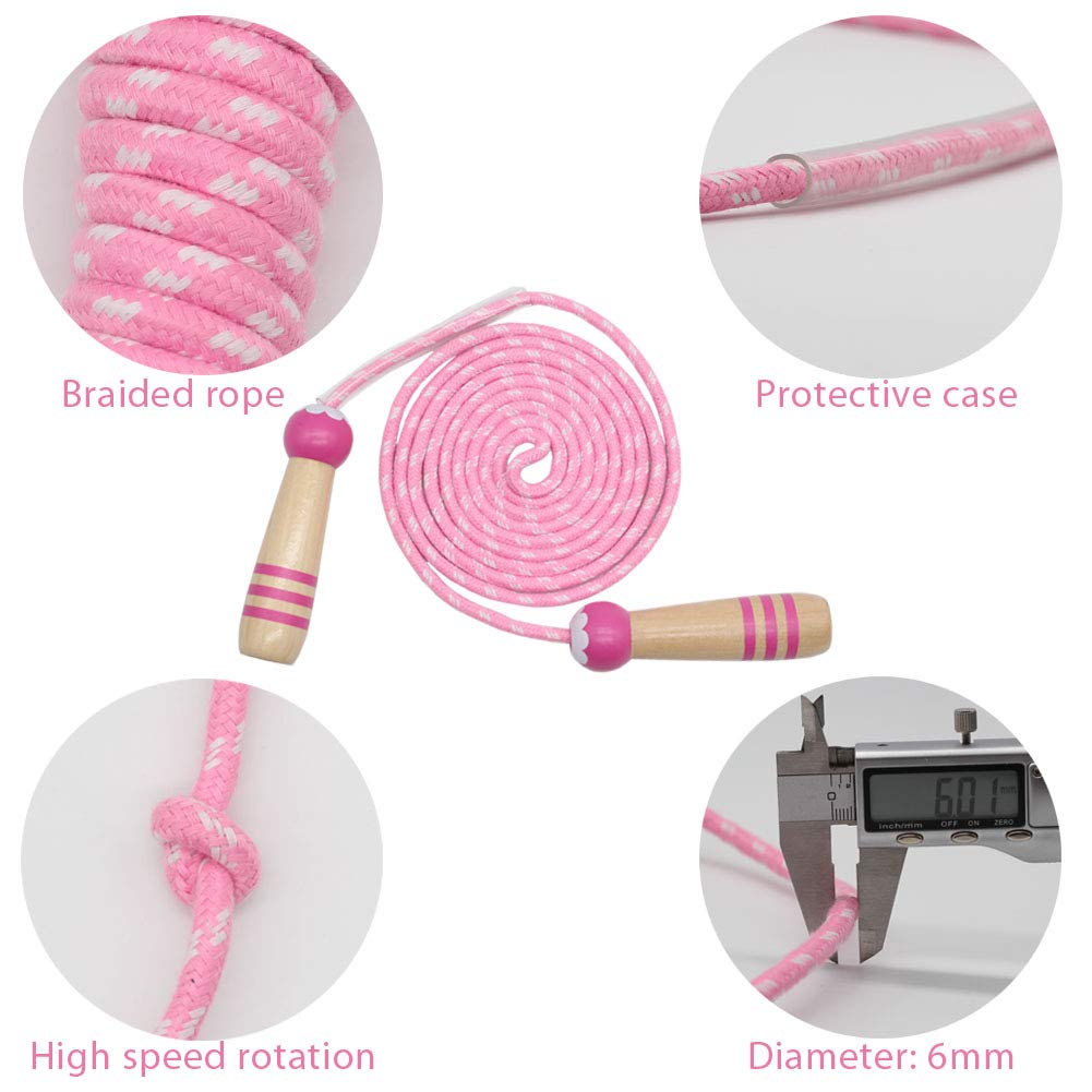 Jump Rope Kids, 7ft Adjustable Cotton Skipping Rope with Wooden Handle for Boys and Girls Fitness Outdoor Exercise (Pink+Blue)