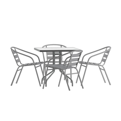 Flash Furniture TLH-0732SQ-017CSV4-GG Lila 31.5'' Square Glass Table with 4 Metal Aluminum Slat Stack Chairs, Silver