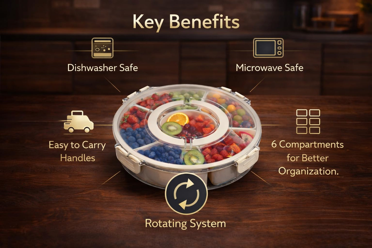 Divided Serving Tray with Lid - Snack Tray - Snack Box - Portable Snackle Box Organizer for Fruit, Salad, Chips & Dip - Lazy Susan Platter with Handle for Parties, Road Trips, Kids & Charcuterie