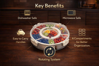 Divided Serving Tray with Lid - Snack Tray - Snack Box - Portable Snackle Box Organizer for Fruit, Salad, Chips & Dip - Lazy Susan Platter with Handle for Parties, Road Trips, Kids & Charcuterie