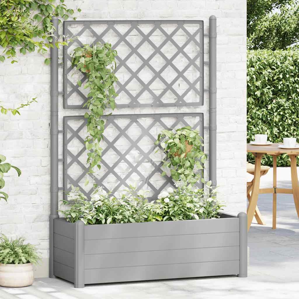 Foknhdi Large Rectangular Stone Grey Planter Box with Integrated Trellis 39.4x39.4x55.9 in UV-Resistant Polypropylene Vertical Herb Garden for Patio Balcony Outdoor and Indoor Spaces