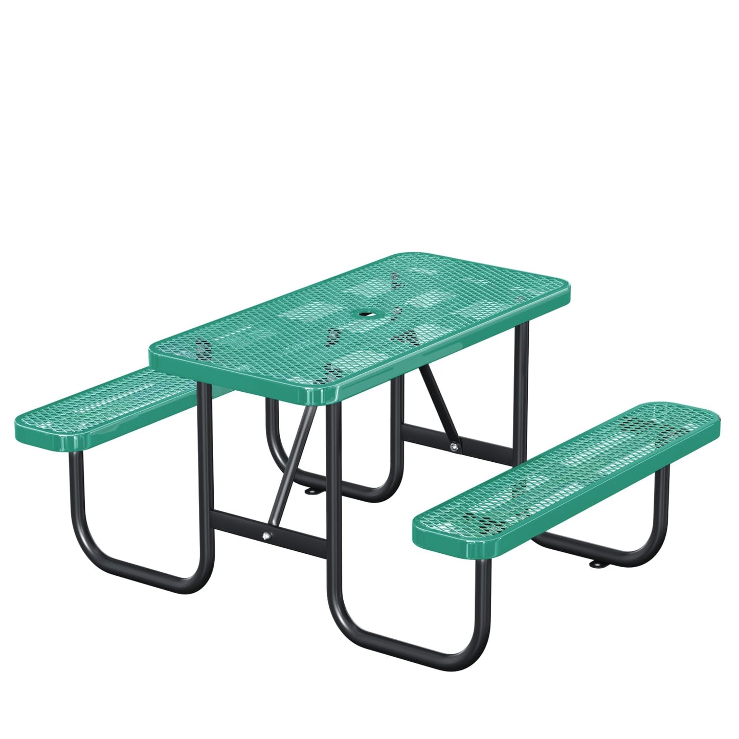 Gaonala 4FT/48IN Heavy Duty Outdoor Picnic Table and 2 Benches for 2-6 People, Weather Resistant Rectangular Steel Picnic Table Set with Umbrella Hole for Yard Patio Lawn Party Green