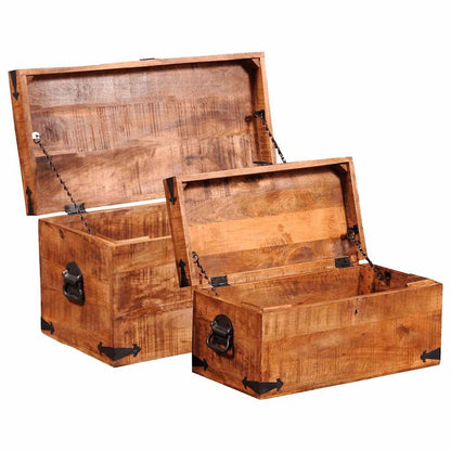 Vorpalize Rough Mango Wood Storage Chest Box Trunk, Rectangular Sturdy Blanket Chest, Set of 2, 13.8 x 27.6 x 13.8 in, Natural Brown Finish for Bedroom, Living Room