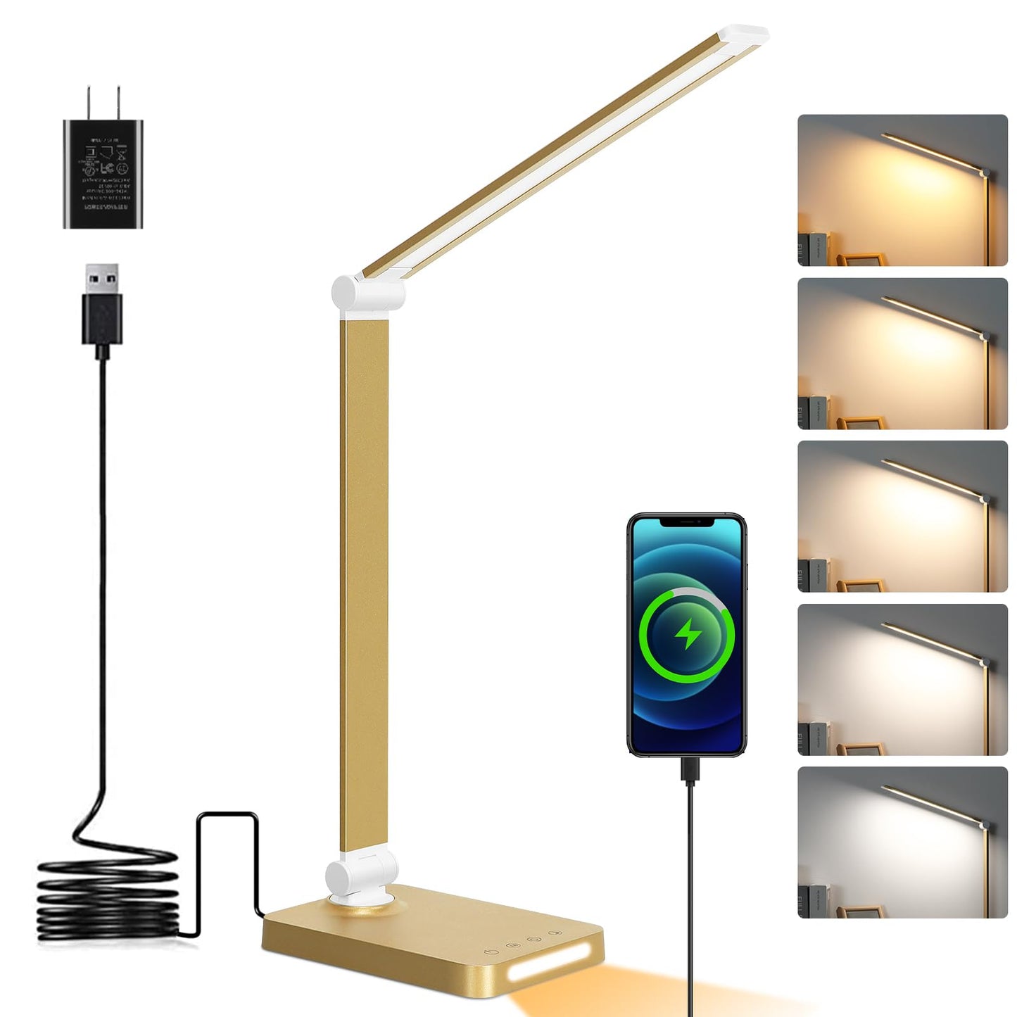 LED Desk Lamp with USB Ports,Touch Desk Lamps for Home Office with 5 Color Modes,3 Brightness Desk Light with Small Night Light,Reading Lamp Table Lamp for Bedroom Bedside Study Black （with adapter）