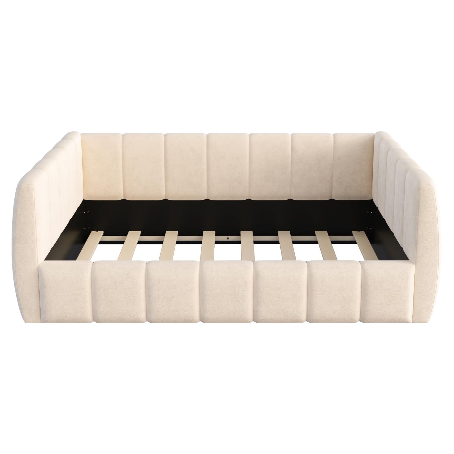 Merax Upholstered Floor Daybed with Removable Guardrails, Compatible with Standard US mattresses, Safety Bed with High Headboard & Footboard, Beige