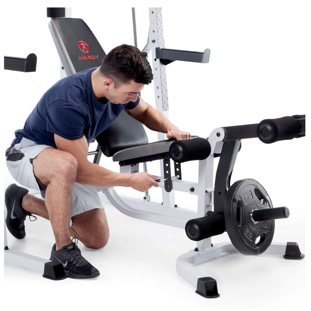 Marcy Pro Smith Cage Workout Machine Full Body Training Home Gym Equipment System with Leg Developer, Press Bar, PEC Deck, and Squat Rack, White