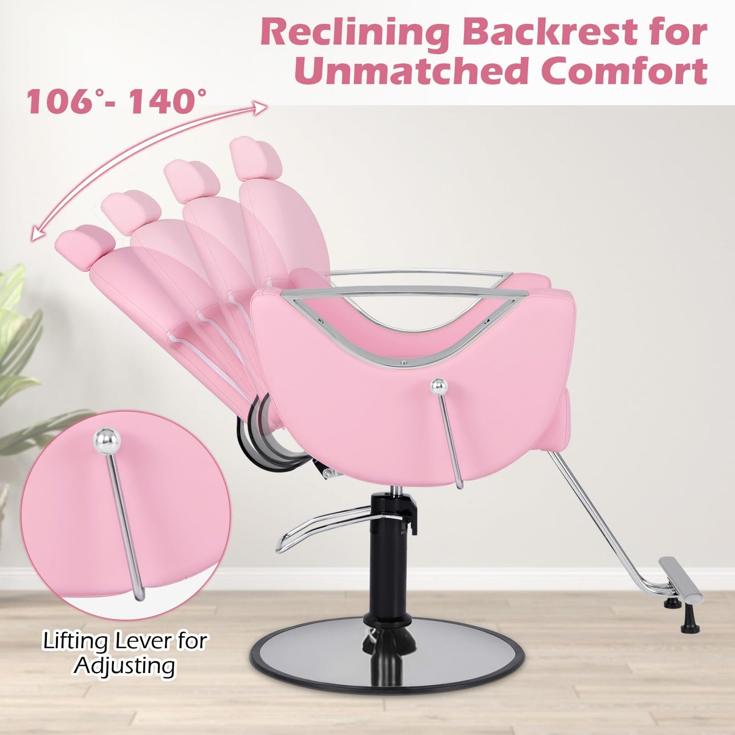Giantex Reclining Barber Chair - Salon Chair for Hair Stylist, 360 Degrees Swivel, Adjustable Height & Headrest, Heavy Duty Hydraulic Pump, Hair Styling Chair for Makeup Facial Waxing Tattoo (Pink)