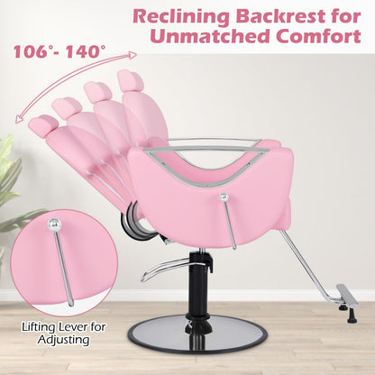 Giantex Reclining Barber Chair - Salon Chair for Hair Stylist, 360 Degrees Swivel, Adjustable Height & Headrest, Heavy Duty Hydraulic Pump, Hair Styling Chair for Makeup Facial Waxing Tattoo (Pink)