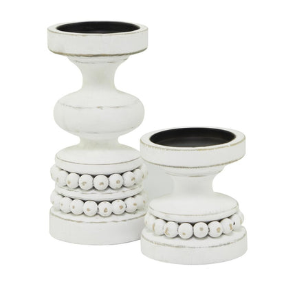 Deco 79 Wood Decorative Candle Holder Beaded Pillar Candle Stand, Set of 2 Candlestick Holder 8", 4"H, White