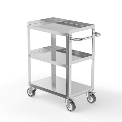 LEADZM 15"L x 24"W x 33"H Utility Rolling Cart on Wheels With Braker, 3-Tier Heavy Duty Commercial Storage Tool Serving Cart With Handle, Stainless Steel for Kitchen Home & Business, Silver