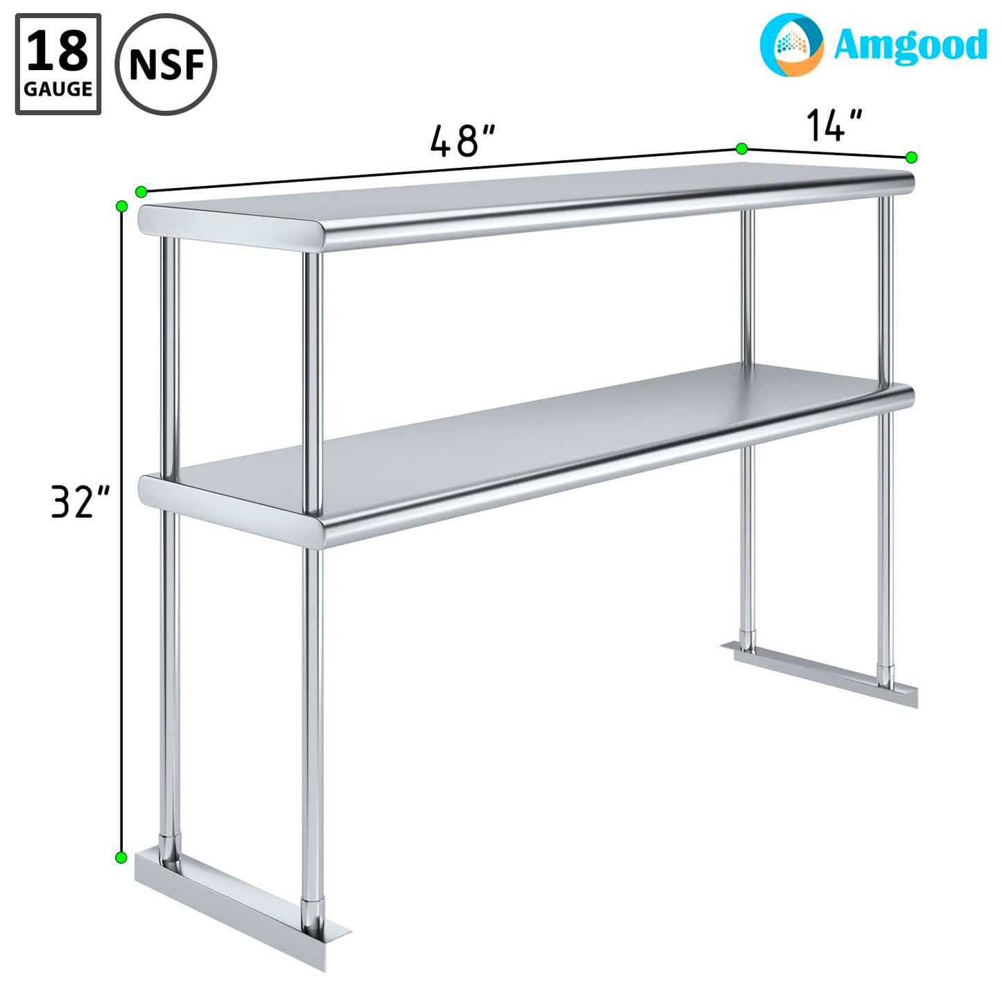 AmGood Stainless Steel Double Deck Overshelf – 14 in. x 48 in. – Heavy Duty, NSF Certified, Commercial-Grade, Adjustable Tiered Shelf for Kitchen Prep Tables and Workbenches
