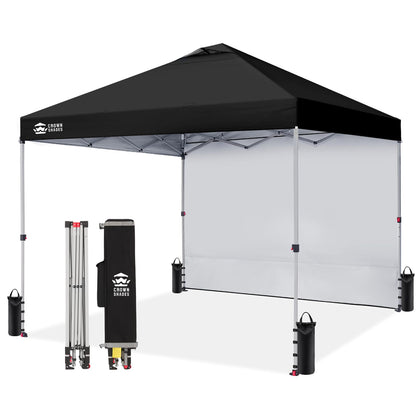 CROWN SHADES Pop Up Canopy with 1 Side Wall - Beach Tent with One Push Setup - Outdoor Sun Shade for Events, Parties, Camping - Gazebo with STO-N-Go Cover Bag, Black, 12x12FT