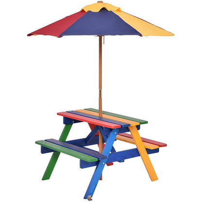 RUYICZB Kids Picnic Tables for Outdoors, Wooden Childrens Table & Bench Set with Removable Umbrella, Toddler Picnic Table Indoor Or Outdoor Activity Set for Backyard Or Patio