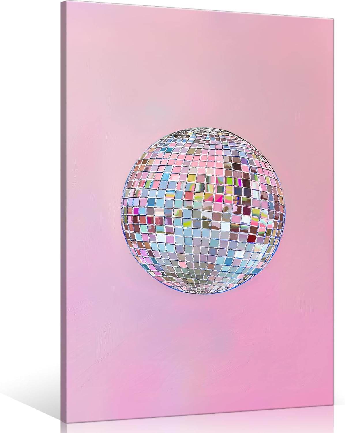Generic 70s 12x16in Trendy Soft Pink Disco Ball Canvas Wall Art Funky Girl Silver Mirrorball Textured Poster Maximalist