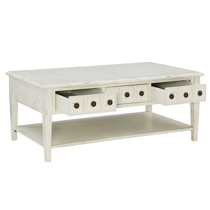 Powell Kelly Cream Coffee Table with Three Pull Thru Drawers and Open Shelf