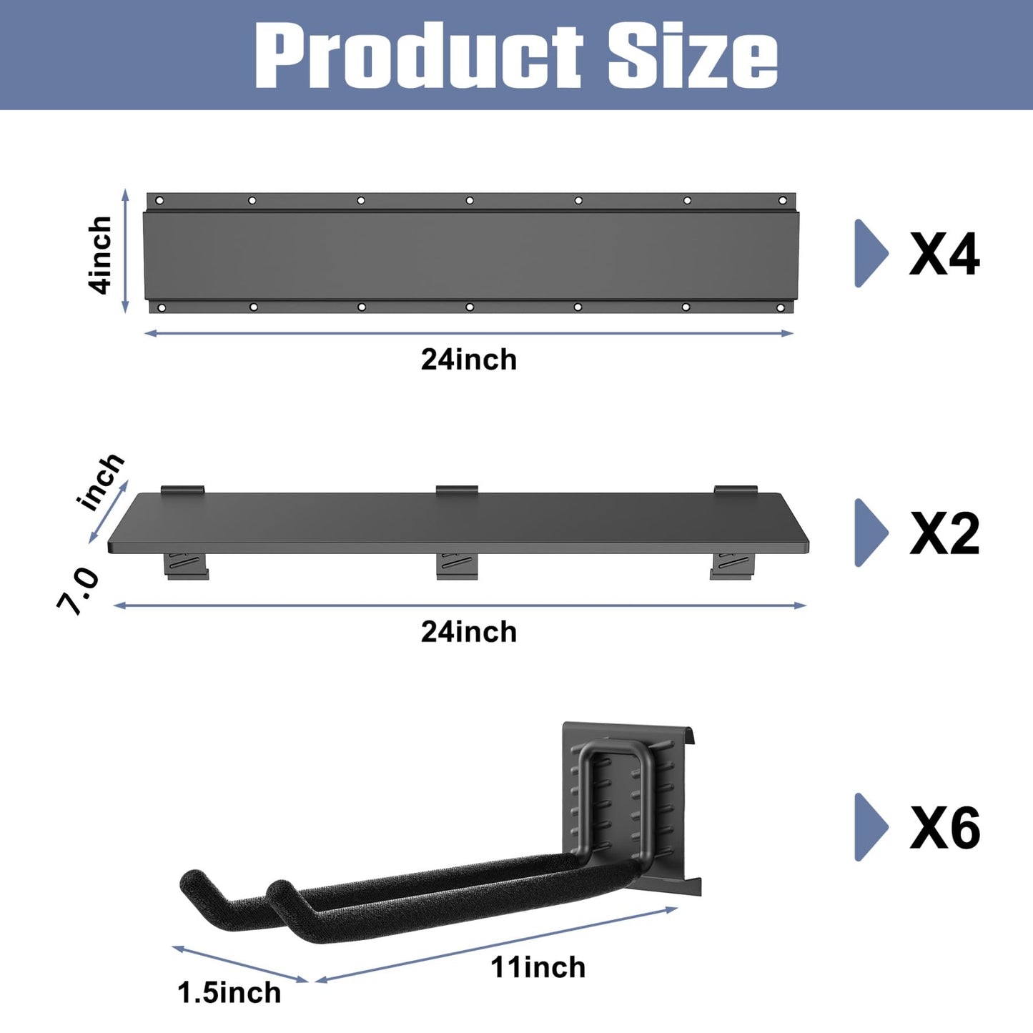 WALMANN Wall Mounted Garden Tool Rack with Shelves for Garage, Heavy Duty Folding Chair Hangers, 11-Inch Tool Storage Hooks for Shovels, Rakes, Ladders(Tool Rack with Shelf)
