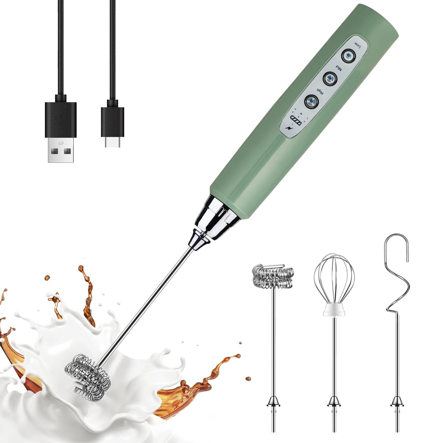 YUSWKO Granite Green Handheld Milk Frother Wand for Coffee, Rechargeable Electric Whisk with 3 Heads 3 Speeds Drink Mixer Coffee Frother For Latte, Cappuccino, Hot Chocolate, Egg