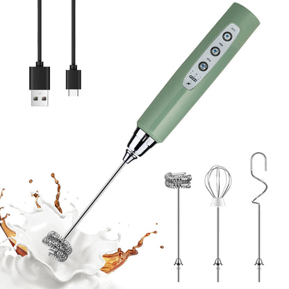 YUSWKO Granite Green Handheld Milk Frother Wand for Coffee, Rechargeable Electric Whisk with 3 Heads 3 Speeds Drink Mixer Coffee Frother For Latte, Cappuccino, Hot Chocolate, Egg