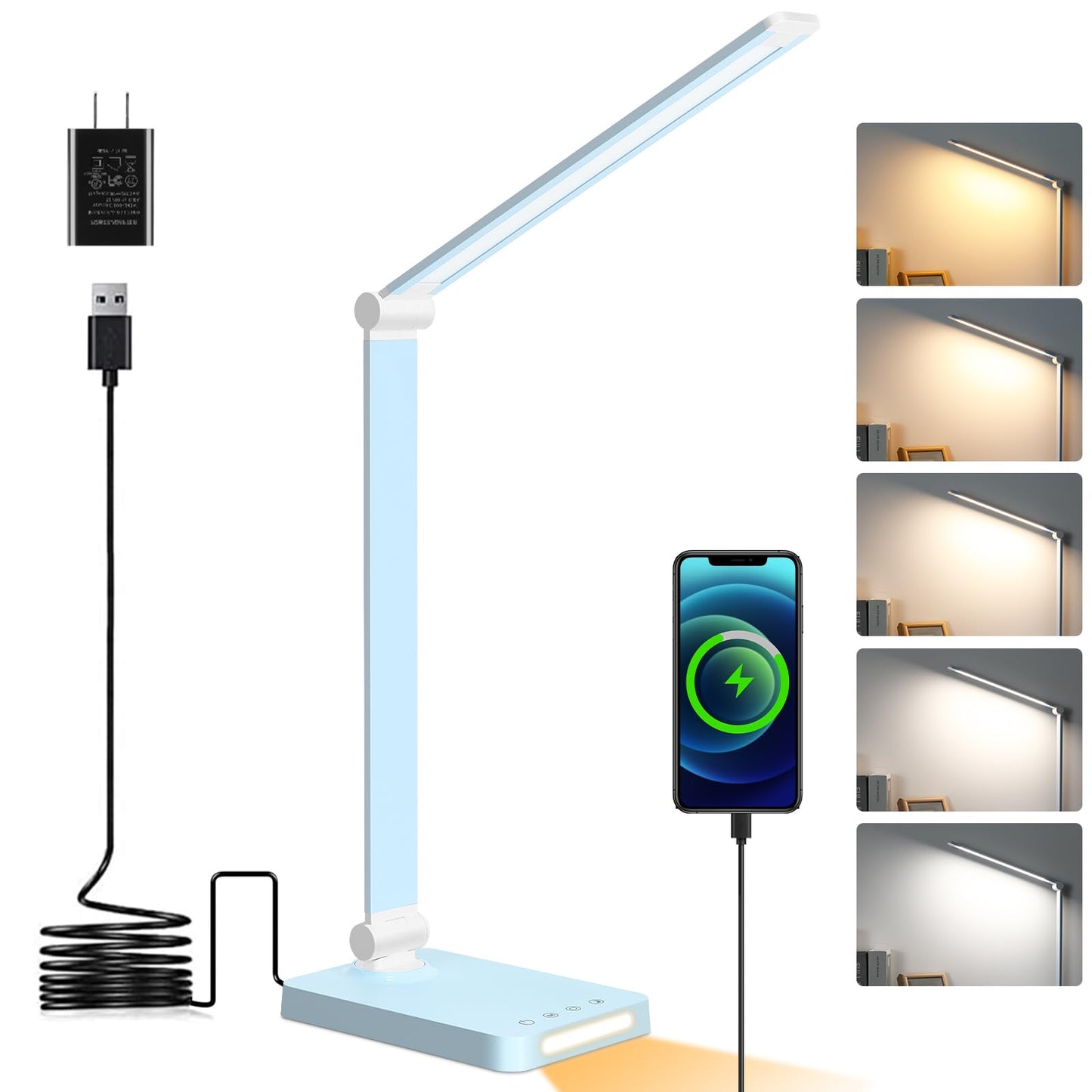 LED Desk Lamp with USB Ports,Touch Desk Lamps for Home Office with 5 Color Modes,3 Brightness Desk Light with Small Night Light,Reading Lamp Table Lamp for Bedroom Bedside Study Black （with adapter）