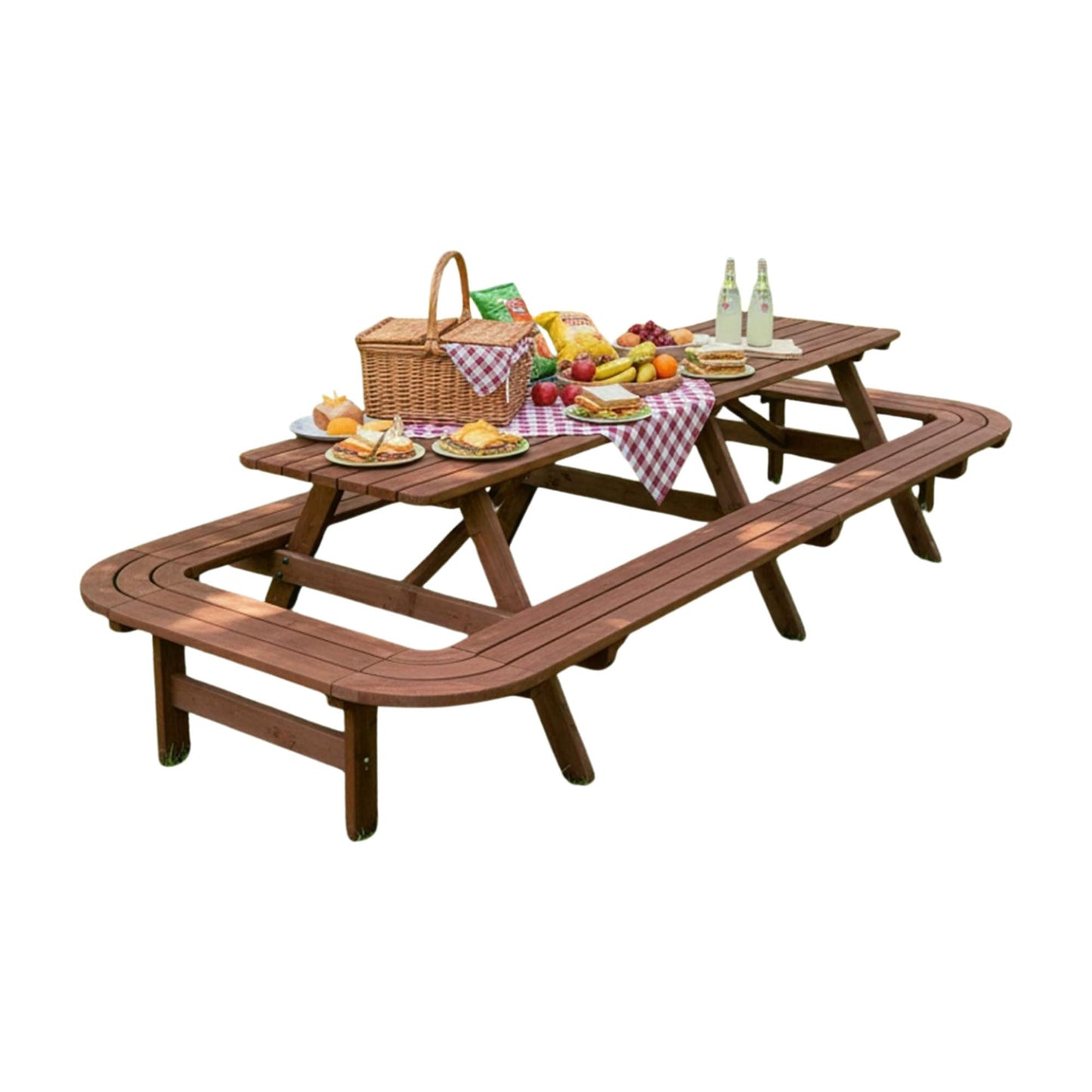 Voryvans 16 Person Wood Picnic Table with Attached Benches & Umbrella Hole,Rectangle Brown Outdoor Wooden Dining Table & Chairs for Patio Yard Garden Porch Deck