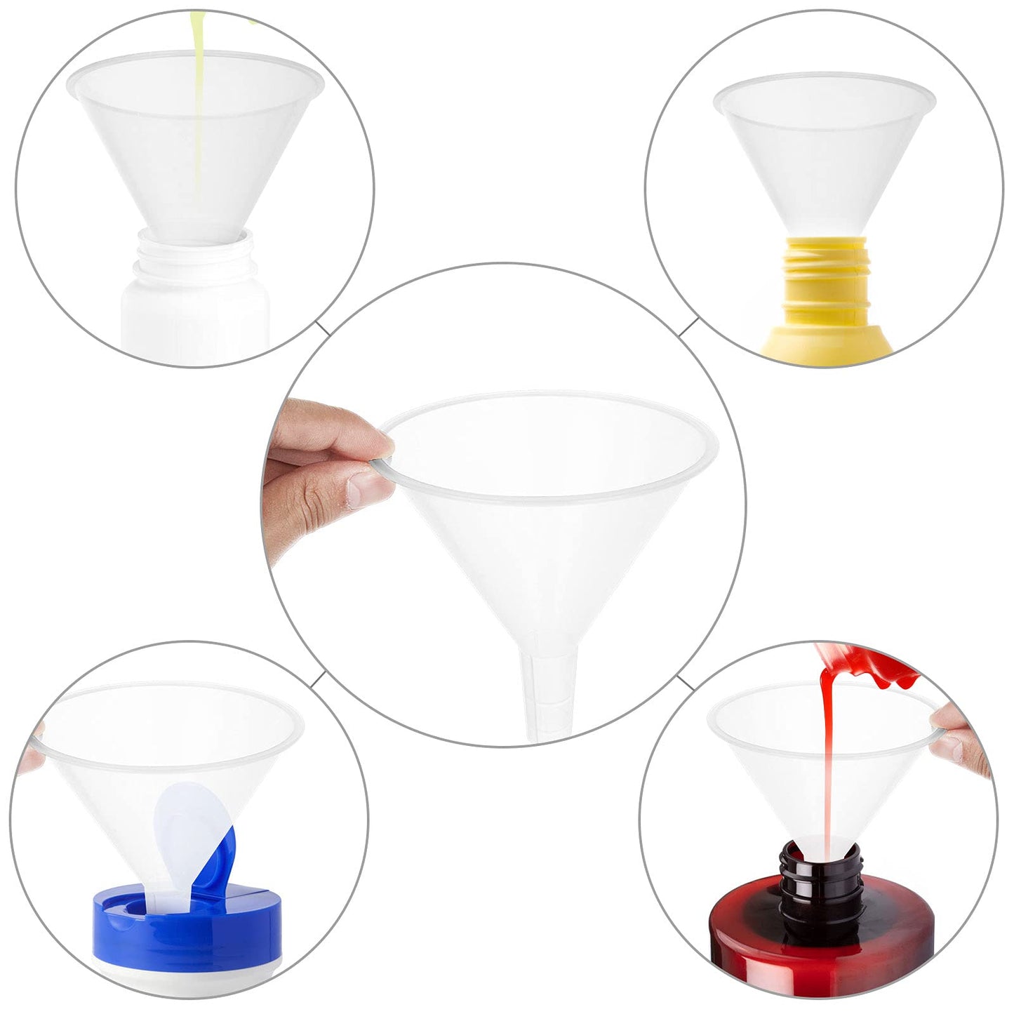 HNBun 30Pcs Plastic Funnels Set, 4.7 Inch Wide Mouth Large Clear Funnels for Filling Water Bottles, Multipurpose Tool with Long Spout for Transferring Liquid, Spices, Powder, Lotion, Oils