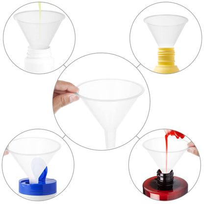 HNBun 30Pcs Plastic Funnels Set, 4.7 Inch Wide Mouth Large Clear Funnels for Filling Water Bottles, Multipurpose Tool with Long Spout for Transferring Liquid, Spices, Powder, Lotion, Oils