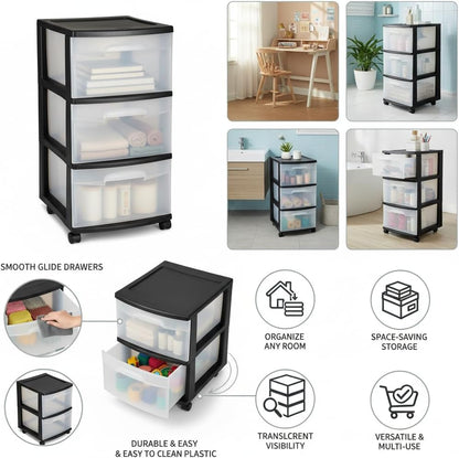 CNEIESD 3-Drawer Transparent Storage Cart Multi-Functional, Portable Home Organization, Black
