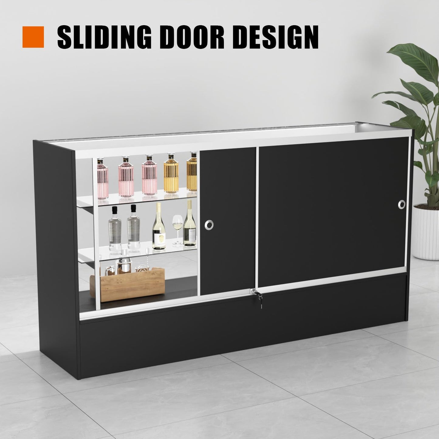 HUZJIEHUI 36" W x 18" D x 38" H - Retail Display Cabinet, Black Wooden Full View Glass Display Cabinet with LED Lights and Glass Shelves