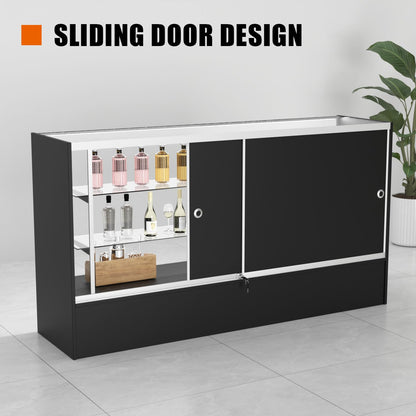 HUZJIEHUI 36" W x 18" D x 38" H - Retail Display Cabinet, Black Wooden Full View Glass Display Cabinet with LED Lights and Glass Shelves