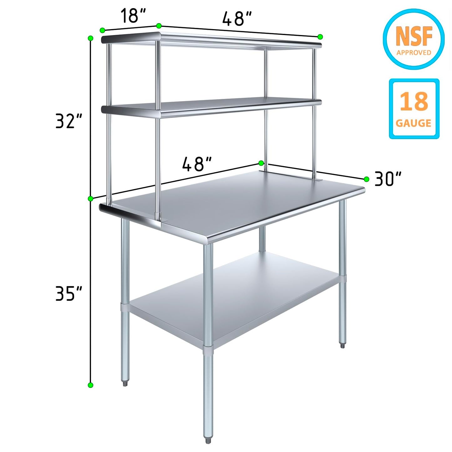 48" x 30" Commercial Stainless Steel Prep Table with 12" x 48" Double Overshelf | NSF Certified Workstation for Kitchen, Bakery, or Utility Use