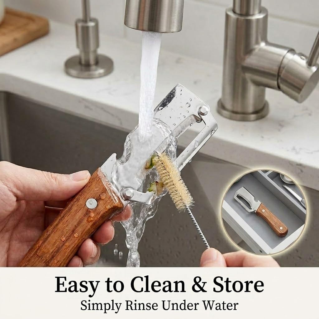 2 in 1 Multi Functional Vegetable Peeler with Bottle Opener and Wooden Handle Stainless Steel Blade Kitchen Tool for Sugar Cane Potato Fruit Pineapple Pumpkin Papaya Carrot Veggie Peeler - 2pc