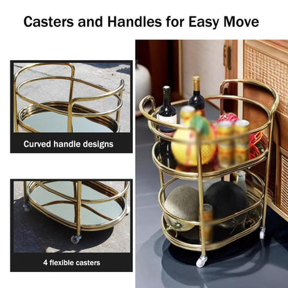 FGQuelleBM Luxury Beverage Cart with Wheels, Oval 2-Tier Serving Cart with Dual Handles, Stainless Steel for Wine Display(Gold)