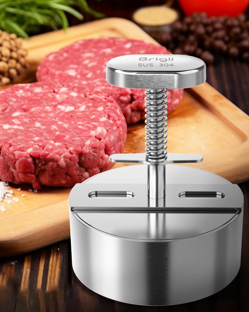 Brigii 304 Stainless Steel Burger Press - 4.5" Hamburger Patty Maker, Heavy Duty Stainless Steel Burger Press for Ground Beef, Burgers (Dishwasher Safe)