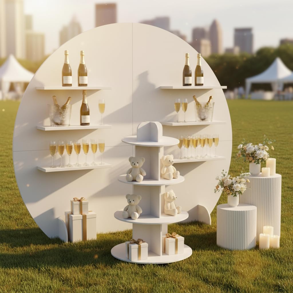 6.56FT Wooden Wedding Gift Display Arch, 6-Tier Champagne Wall Backdrop with Shelves for Party Favors, Escort Cards, Cupcakes & Desserts, Reusable Display Stand for Wedding Reception, Ceremony, Bridal Shower