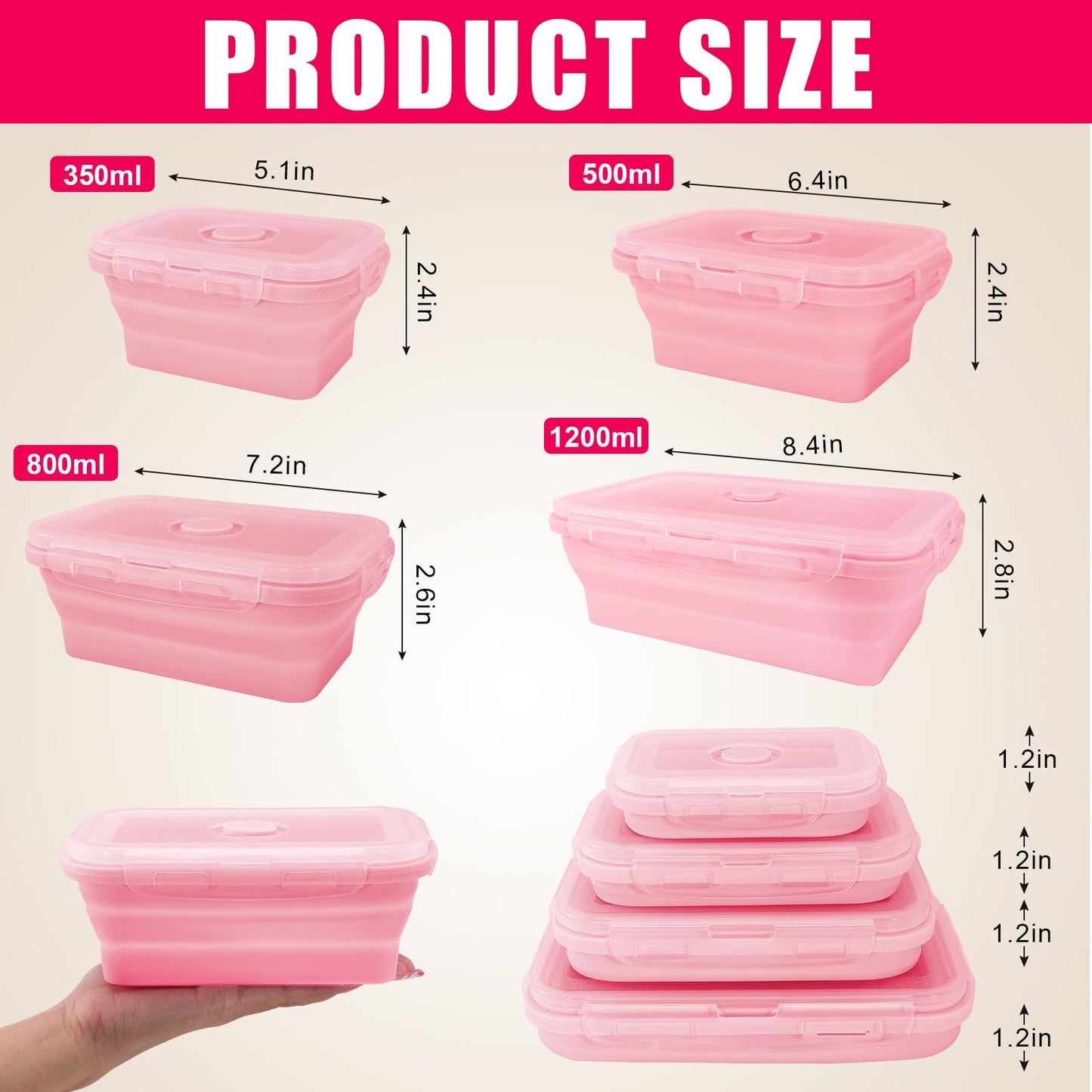Bgtecho 4 Pack Collapsible Silicone Food Storage Containers with Lids, Silicone Lunch Box for Kitchen, Foldable Collapsible Meal Prep Container, Microwave, Freezer & Dishwasher Safe, BPA Free