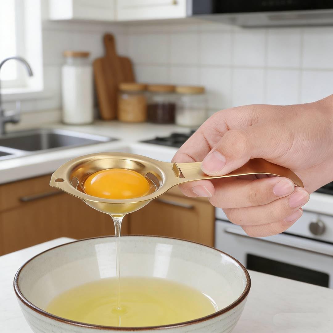 QANYEGN Stainless Steel Egg Yolk Separator, Egg Strainer with Long Handle, Egg Yolk White Separation Tool, Egg Extractor for Cooking, Baking(Gold)