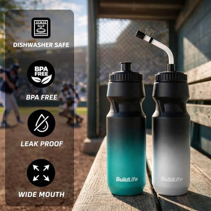 Hockey Water Bottle with Long Straw -32 OZ Squeeze Sports Lacrosse Water Bottles 2 Pack with 2 Lids Each(Straw and Squeeze),for Helmet Hockey,Boxing,BPA Free,Dishwash Safe(Black Blue+Black White)