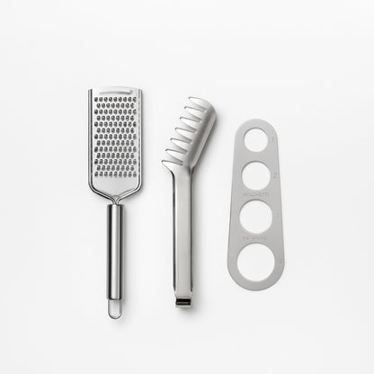Printworks The Essentials, Pasta Tools – Pasta Kit with Spaghetti Tong, Spaghetti Measurer & Grater in Bright Blue Book-Style Case