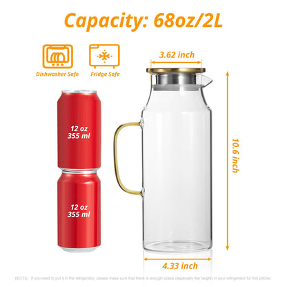 CMLKLZD 2 Pack 2 Liter 68 oz Glass Pitcher with Lid and Handle, Gold Glass Carafe for Fridge, Water Pitcher for Hot/Cold Water, Large Jug for Iced Tea, Coffee, Juice and Homemade Beverage