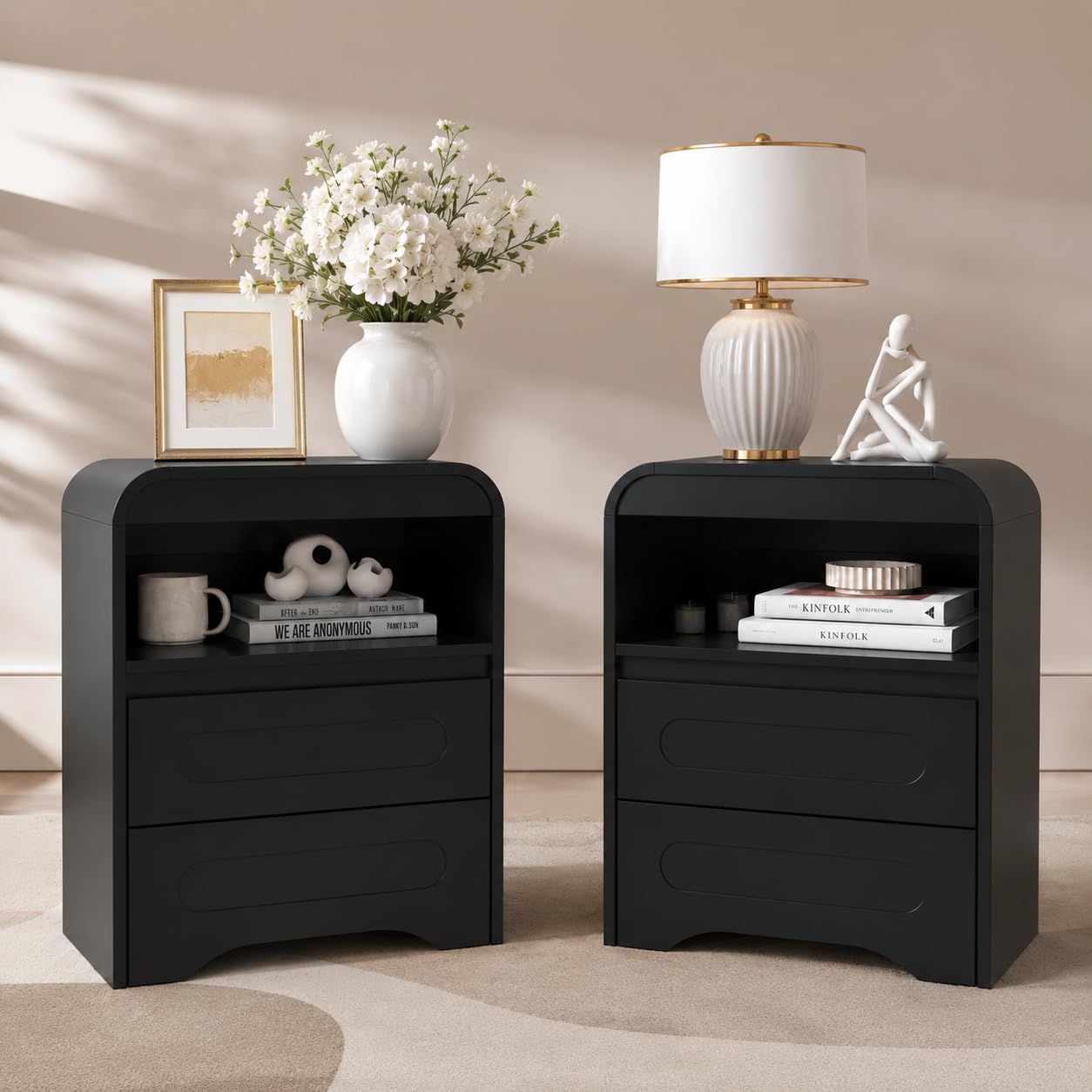Night Stand Set of 2, 26" Tall Bedside Side Table with 2 Drawers and Open Storage, Curved Corners, Hidden Handle, Wood Nightstand, Modern Night Stands End Table for Sofa Couch (Black)
