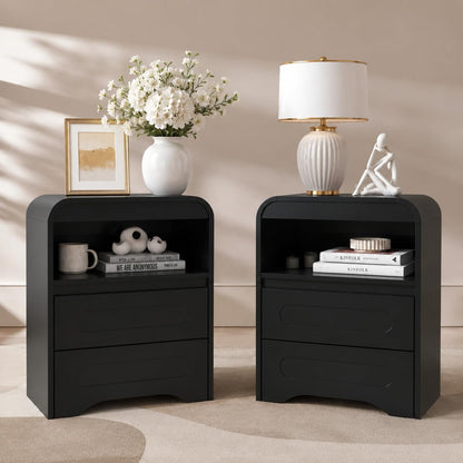 Night Stand Set of 2, 26" Tall Bedside Side Table with 2 Drawers and Open Storage, Curved Corners, Hidden Handle, Wood Nightstand, Modern Night Stands End Table for Sofa Couch (Black)