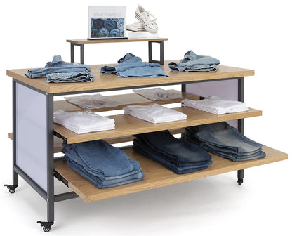 Displays2go Tiered Retail Display Table w/Wheels and Removable Top Riser - Natural Wood (SM3TWDR)