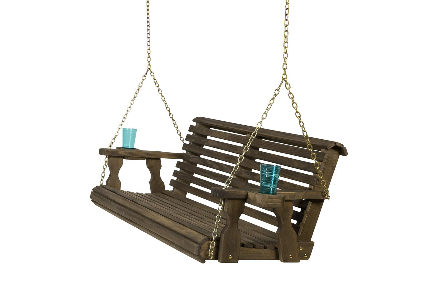 Amish Casual Heavy Duty 700 Lb Capacity Porch Swing with Cup Holders (4 Foot, Dark Walnut Stain) – Wooden Outdoor Roll Back Swing with Hanging Chains – Amish Made in the USA