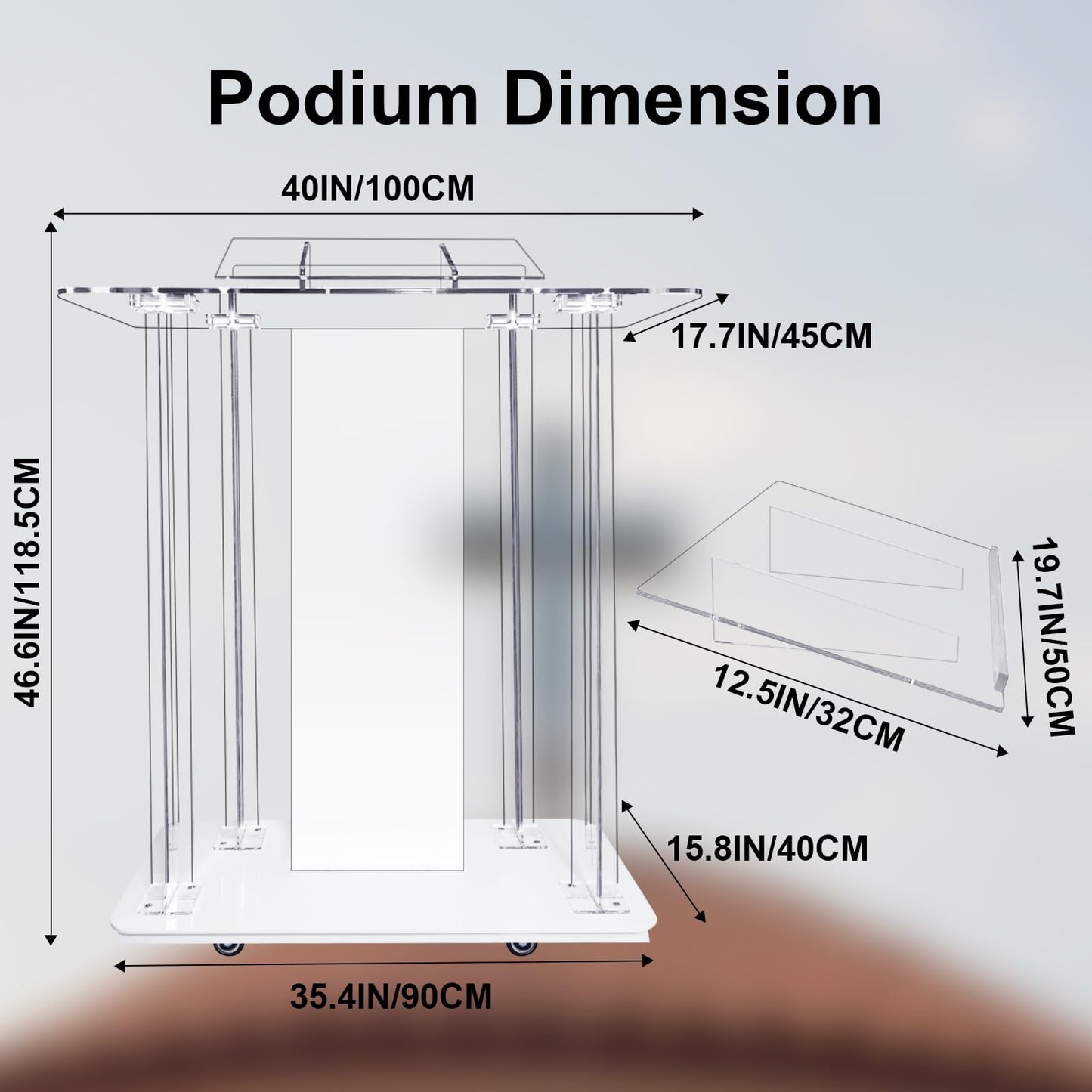 Devloutt Acrylic Church Pilpits with Wheels, 46'' Church Podium with 15 Colors RGB LED Lights,Podium Stand Lecterns Pulpits for Church, Wedding, Concert Speech, Classroom (40”L*17.7”W *46.6”H)