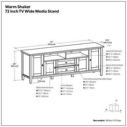 SIMPLIHOME Warm Shaker TV Stand - 72 inch Wide Solid Wood Media Console in Warm Honey Brown, Transitional Entertainment Center for Living Room for TVs up to 80 Inches with Cable Management
