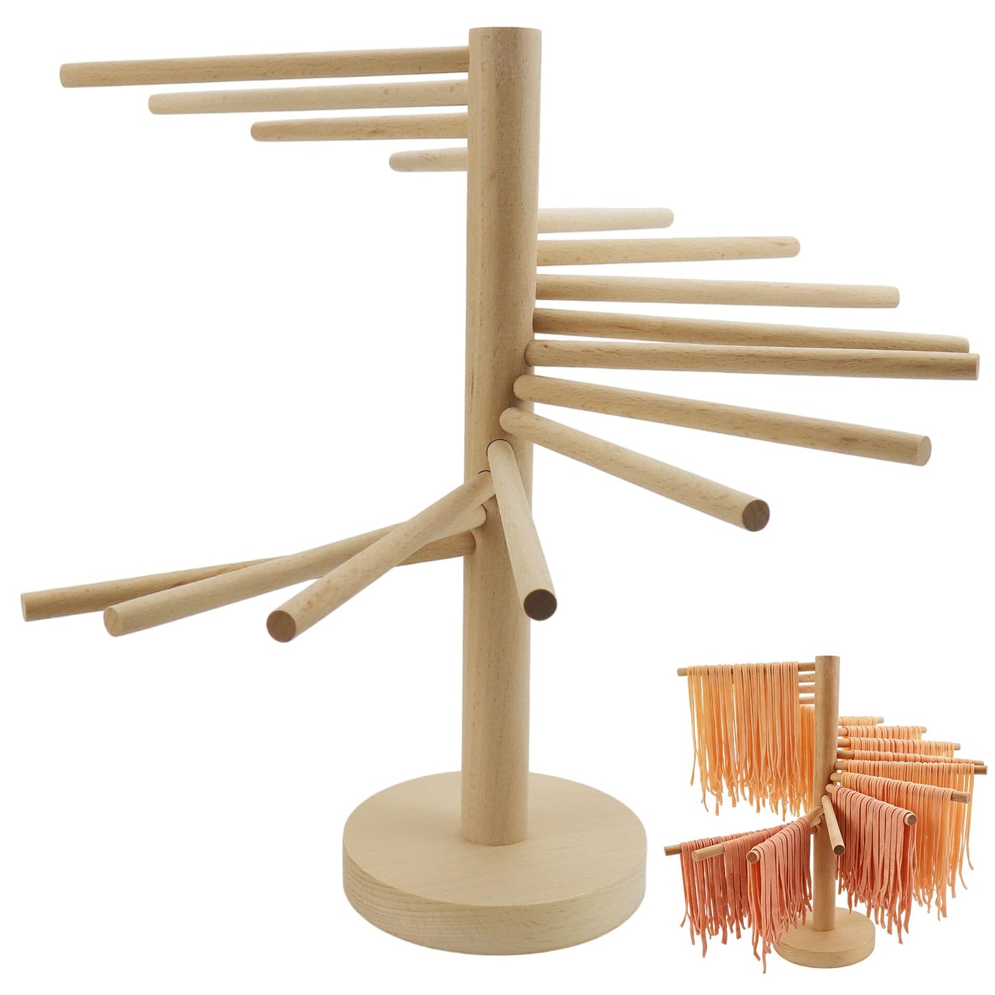 Pasta Drying Rack 16 Arms–12.9" Wooden Noodle Drying Stand with 6" Hanging Bars for Fresh Spaghetti Fettuccine Homemade Pasta