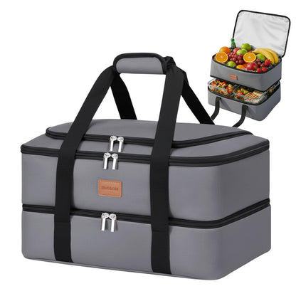 BlissfulSGDM Insulated Casserole Carrier, Double Decker Food Carriers for Hot or Cold Food, Portable Leakproof Thermal Bag for Travel/Potluck Parties/Picnic/Cookouts(Grey)
