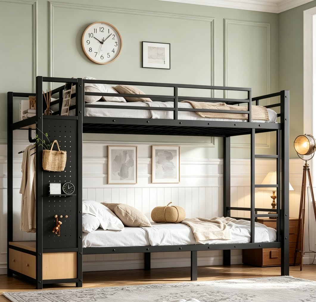 Bellemave Bunk Bed Twin XL Over Twin XL,Metal Bunk Bed with Shelf and Guardrails,Queen Bunk beds with Storage Drawers and Clothes Hooks for Kids, Teens & Adults（Black）